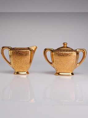 Wheeling Decorating Co. Gold Encrusted Creamer & Covered Sugar Bowl with Lid